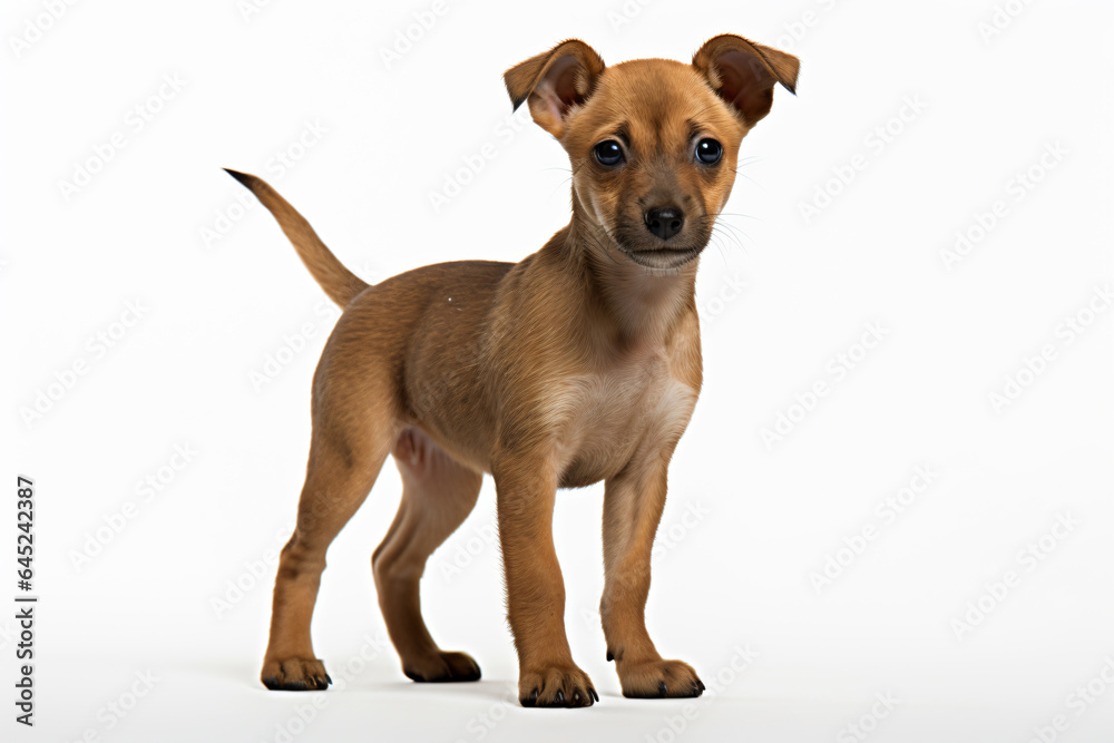 a small brown dog standing on a white surface