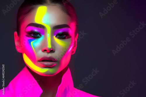Fashion editorial Concept. Closeup portrait of stunning pretty woman with chiseled features, neon bright fluorescent makeup. illuminated with dynamic composition dramatic lighting. copy text space 