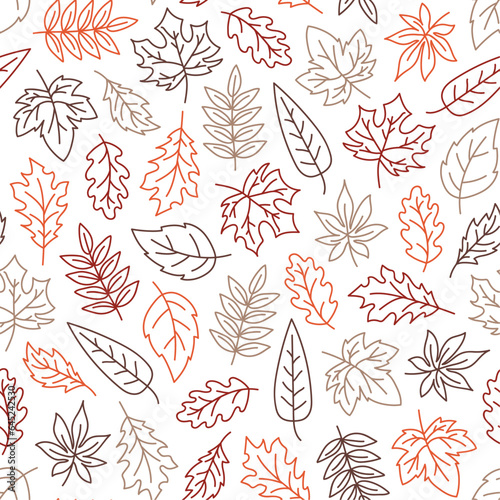 Autumn leaves outline seamless pattern on transparent background