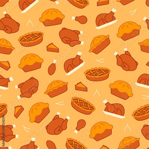 Thanksgiving dinner seamless pattern with turkey and pie