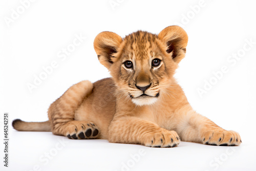 a lion cub is laying down on a white surface