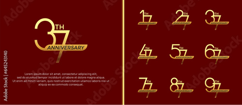 set of anniversary logo gold color and golden ribbon on red background for celebration moment