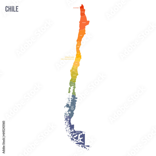 Chile political map of administrative divisions - regions. Colorful spectrum political map with labels and country name.