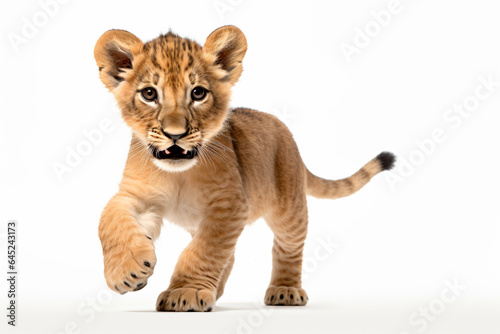 a lion cub running towards the camera