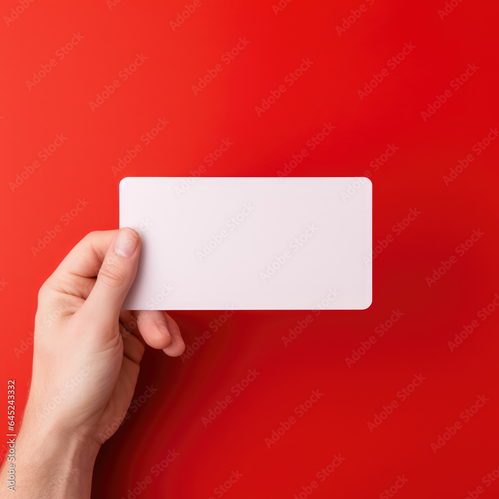 Hand hold a discount card, business card, mockup of a blank white sheet of paper on a red background with copy space. Template for design. layout. copy space for text Hand hold a discount card, business card, mockup of a blank white sheet of paper on a red background with copy space. Template for design. layout. copy space for text
