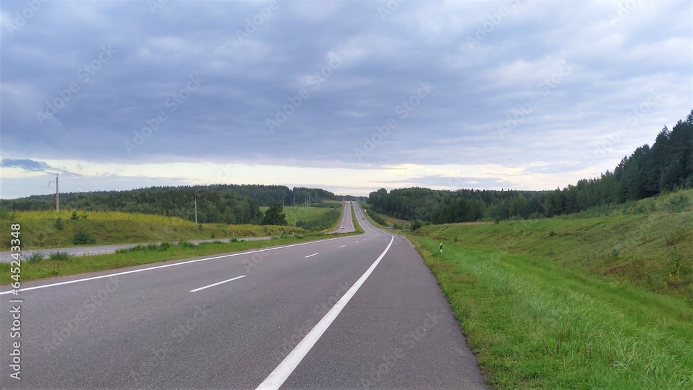 An asphalt road with markings and a dividing strip runs among grassy meadows. There are trees and power poles along the road. The sky is covered with clouds