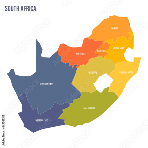 South Africa political map of administrative divisions - provinces. Colorful spectrum political map with labels and country name.