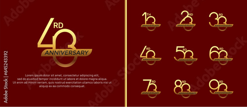 set of anniversary logo gold color and golden ribbon on red background for celebration moment