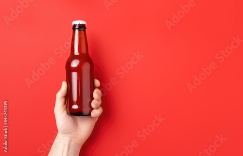 Beer Bottle Mock-Up. Male hands holding a beer bottle on a red background