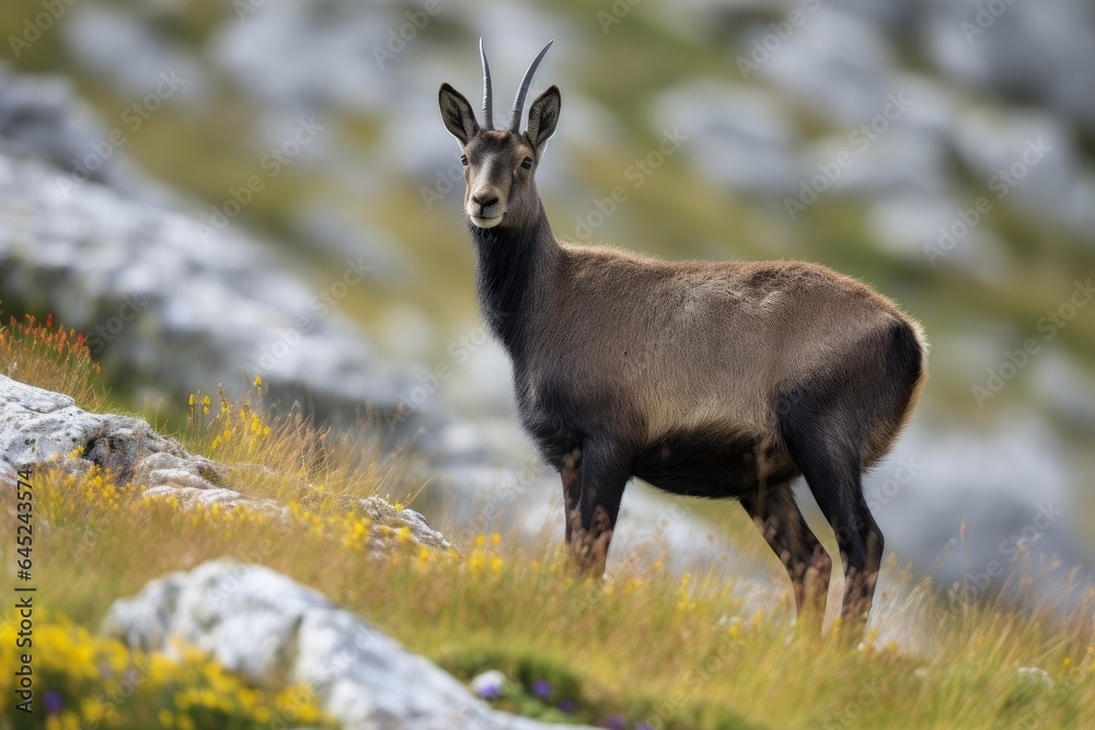 A majestic mountain goat standing on a lush green hilltop