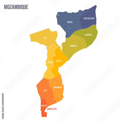 Mozambique political map of administrative divisions - provinces and capital city of Maputo. Colorful spectrum political map with labels and country name.