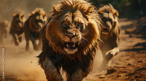 A group of lions run to attack. Dangerous predators on the hunt. Grinning muzzles and evil eyes. Wildlife scene