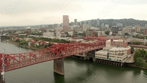 Aerial shot over Broadway bridge towards Downtown Portland Oregon photo