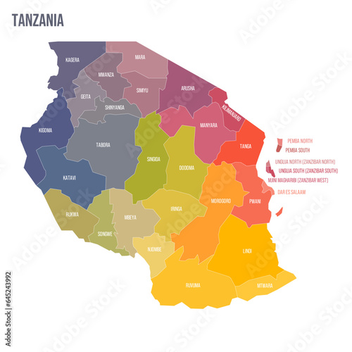 Tanzania political map of administrative divisions - regions. Colorful spectrum political map with labels and country name.