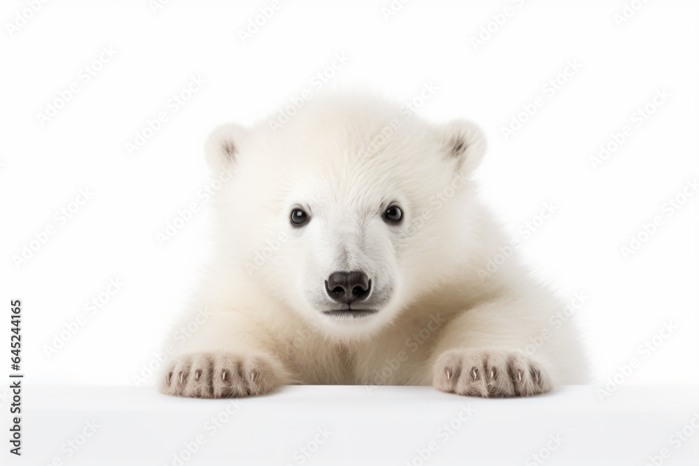 a polar bear cub is looking over a white surface