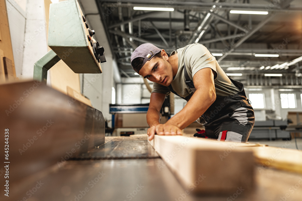 Young carpenter working on woodworking machines in the furniture factory Young carpenter working on woodworking machines in the furniture factory