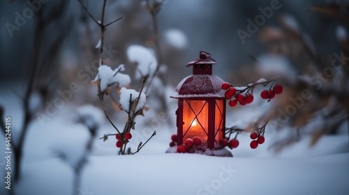 Christmas lantern on snow with holy berries. © VectorLM