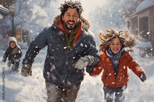 father and children in the snow in winter having fun and playing snow balls , AI Generated