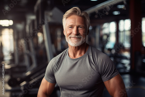 Ageless muscular fit old man with grey hair energetic in the gym during workout in front of treadmills  smiling healthy and happy