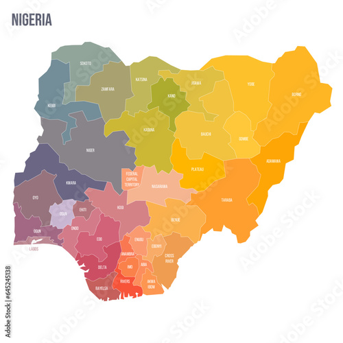 Nigeria political map of administrative divisions - states and federal capital territory. Colorful spectrum political map with labels and country name.