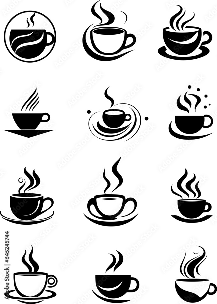 Fototapeta premium Set of abstract cups with coffee and other drinks, isolated on white background for design, logo