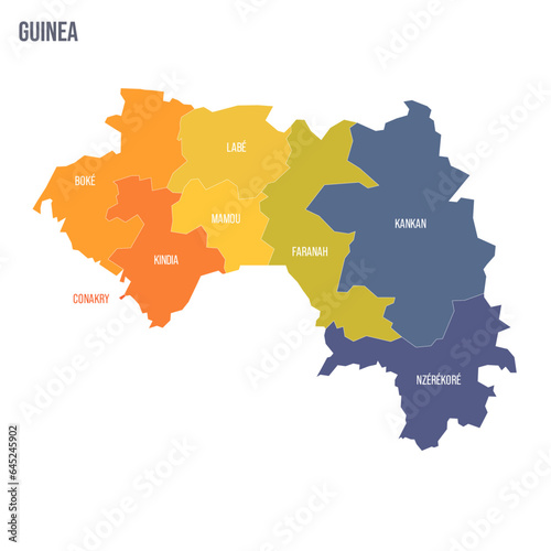 Guinea political map of administrative divisions - regions. Colorful spectrum political map with labels and country name.