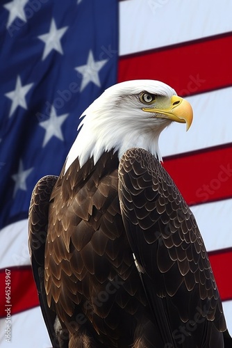 View of an eagle in Unalaska bay  Flag of United States background