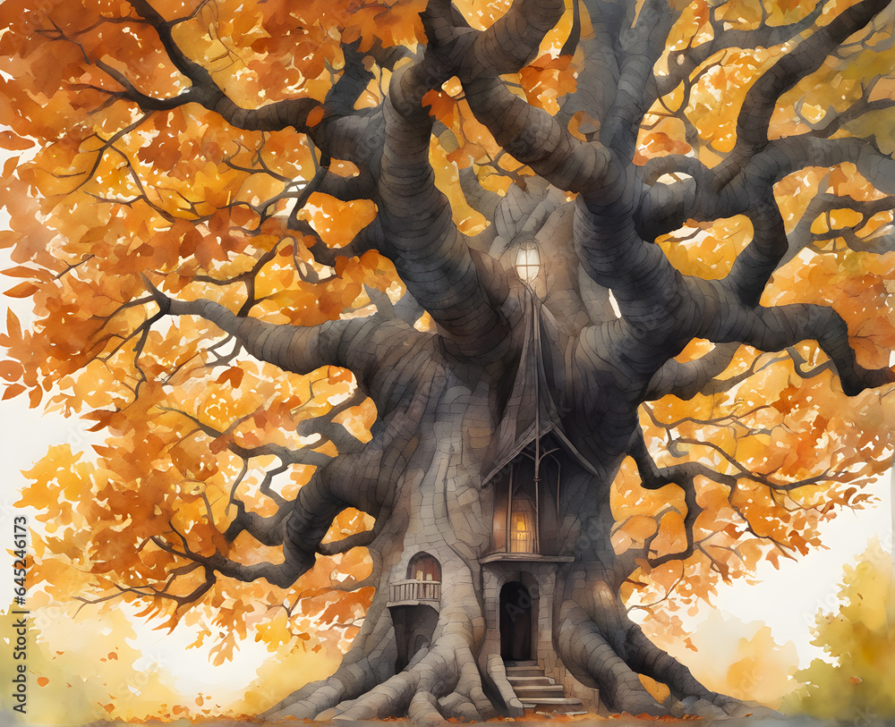 Illustration of a beautiful fall yellow tree in the woods watercolor drawing.  