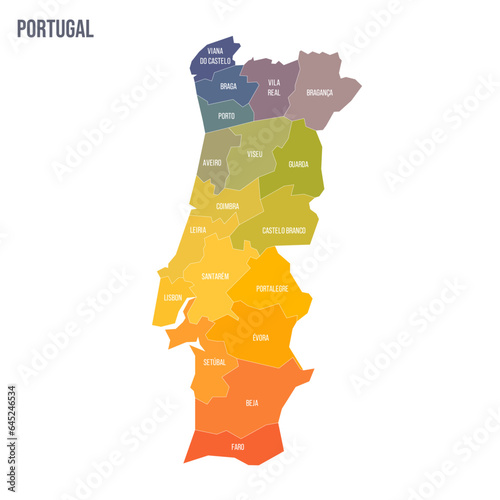 Portugal political map of administrative divisions - districts. Colorful spectrum political map with labels and country name.