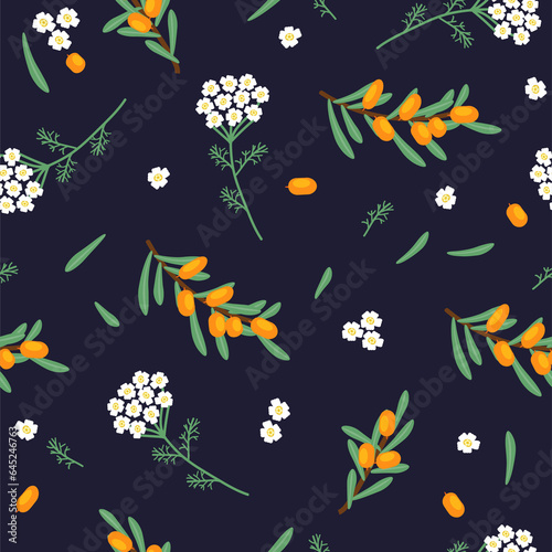 Vector seamless floral pattern with sea buckthorn plant and yarrow flowers