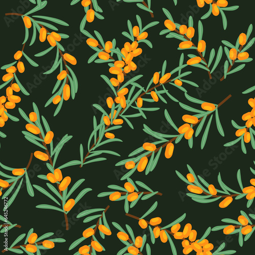Vector seamless floral pattern with branches and sea buckthorn berries