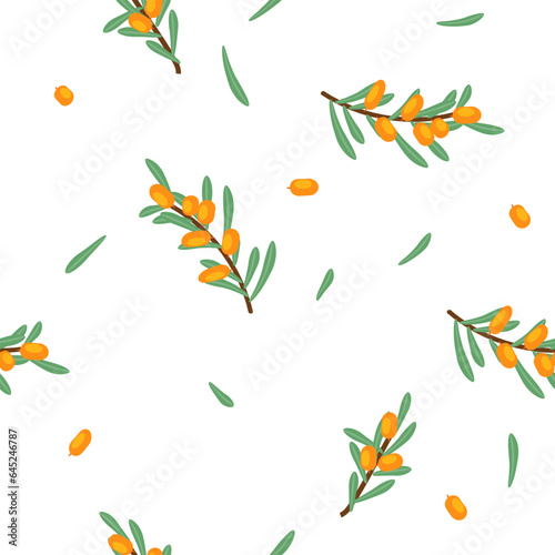 Vector seamless floral pattern with branches and sea buckthorn berries