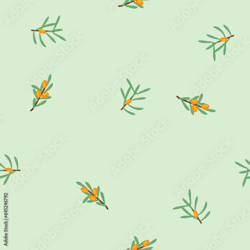 Vector seamless floral pattern with branches and sea buckthorn berries