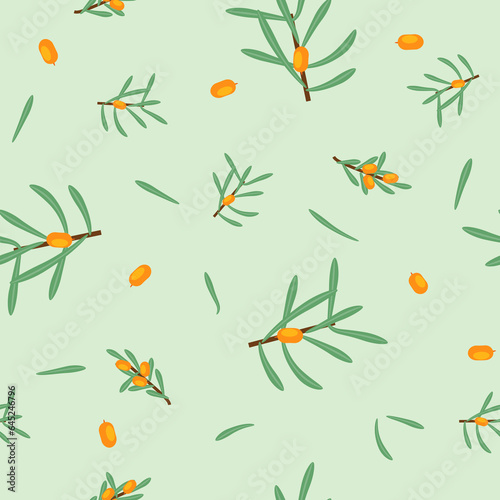 Vector seamless floral pattern with branches and sea buckthorn berries
