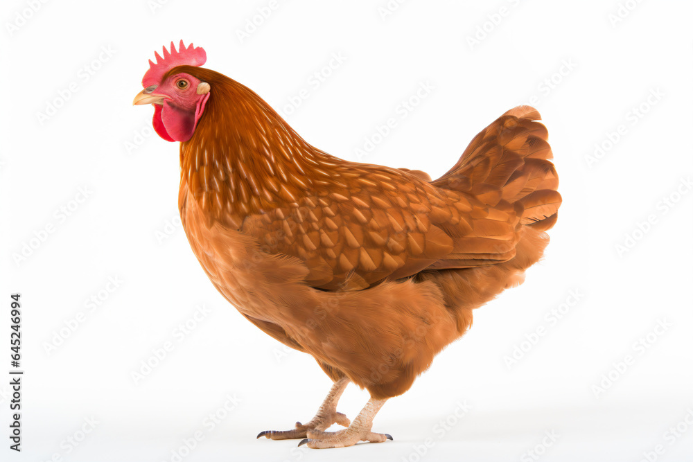 Fototapeta premium a chicken with a red comb standing on a white surface