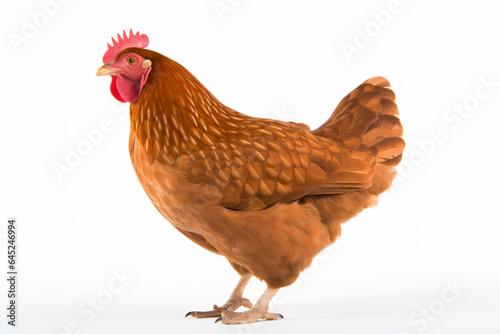a chicken with a red comb standing on a white surface