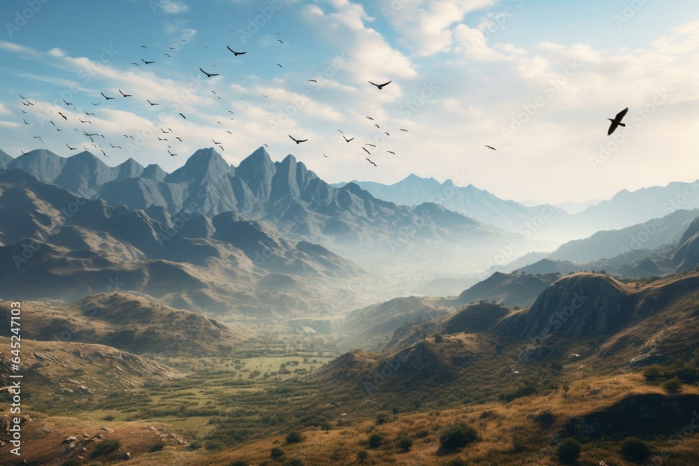 Sweeping view of beautiful mountains under clear sky as birds flutter ...