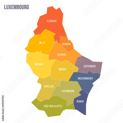 Luxembourg political map of administrative divisions - cantons. Colorful spectrum political map with labels and country name. photo