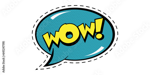 Comic bubble "wow!". Blue colour. Speech bubble, lol sticker in pop art style. Vector illustration.