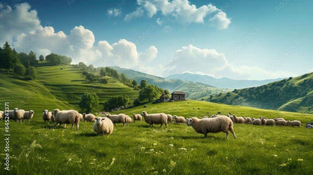 serene countryside with a herd of sheep grazing on a lush green pasture. serene countryside with a herd of sheep grazing on a lush green pasture.