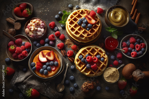 Belgian waffles with fresh berries on wooden board, black background generative ai
