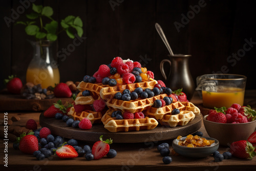 Belgian waffles with fresh berries on wooden board, black background generative ai