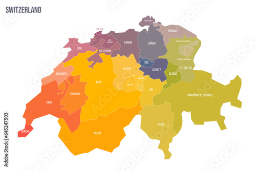 Switzerland political map of administrative divisions - cantons. Colorful spectrum political map with labels and country name. photo