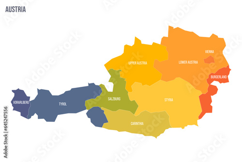 Austria political map of administrative divisions - federal states. Colorful spectrum political map with labels and country name.