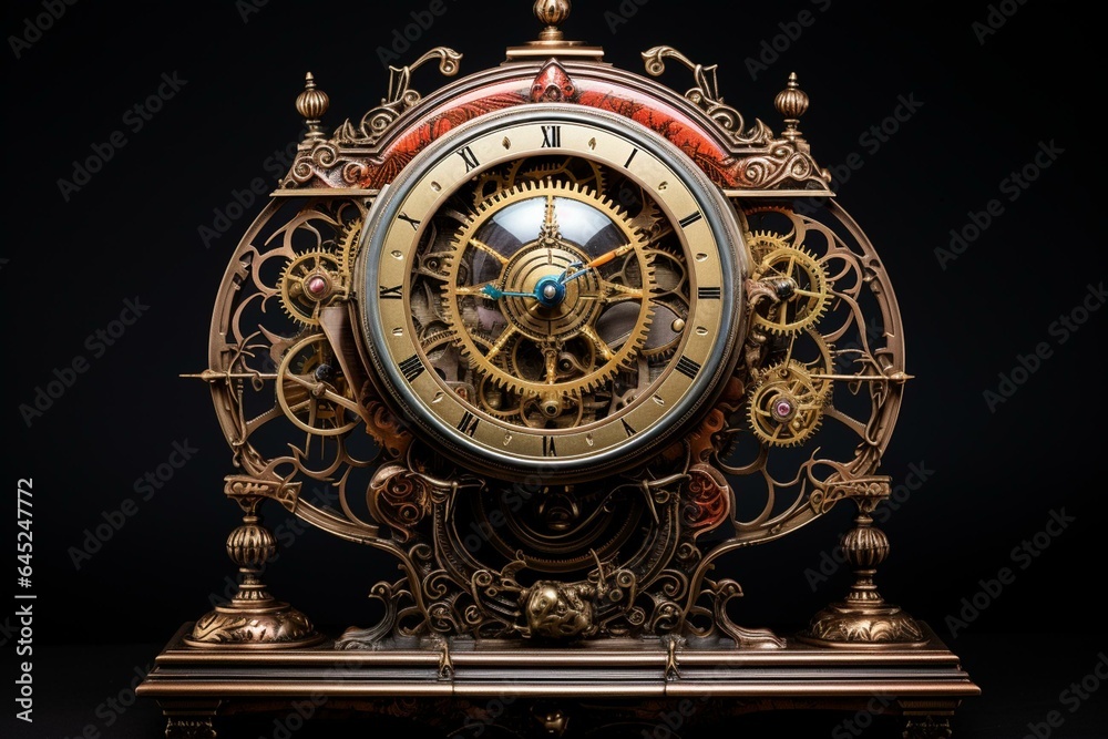 Old mystical clock with exposed gears and intricate components on plain backdrop. Generative AI