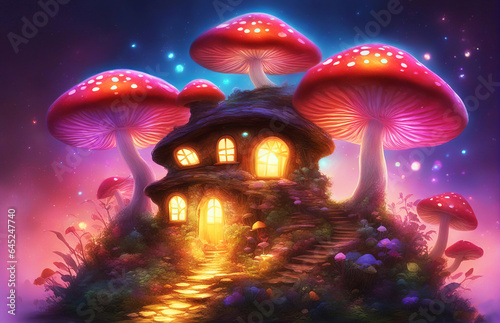 Fairytale mushroom house with flowers, cute colorful small elf cottage in forest with luminescent colors.