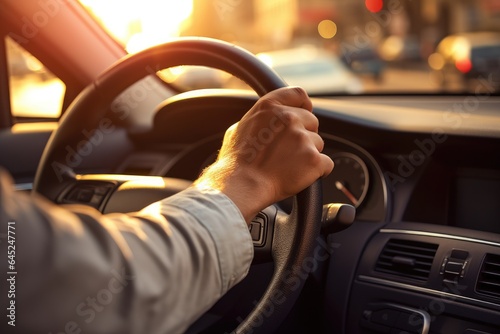 Hand on the steering wheel of the car. Sunset lighting. © Fotograf