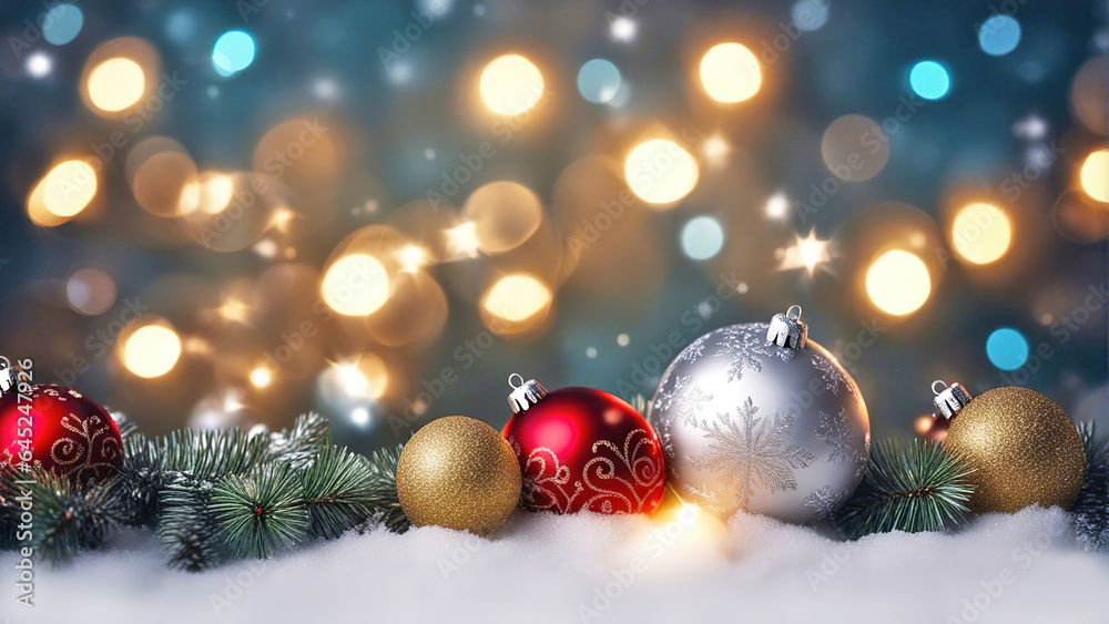 Christmas background with shiny balls, Christmas tree and blurred lights. Christmas background with shiny balls, Christmas tree and blurred lights.