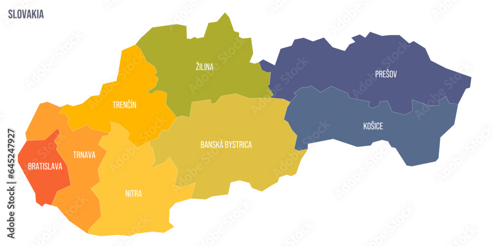 Slovakia political map of administrative divisions - regions. Colorful spectrum political map with labels and country name.