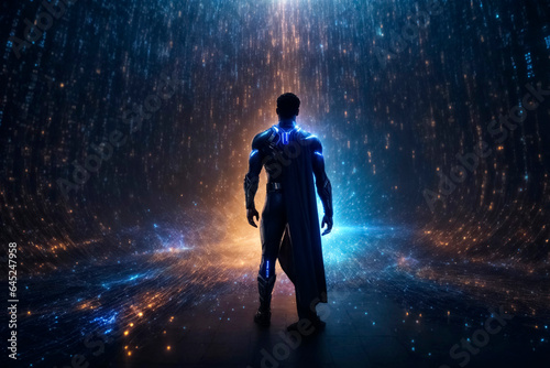 Powerful male superhero in blue suit with led lights. Binary code like background.